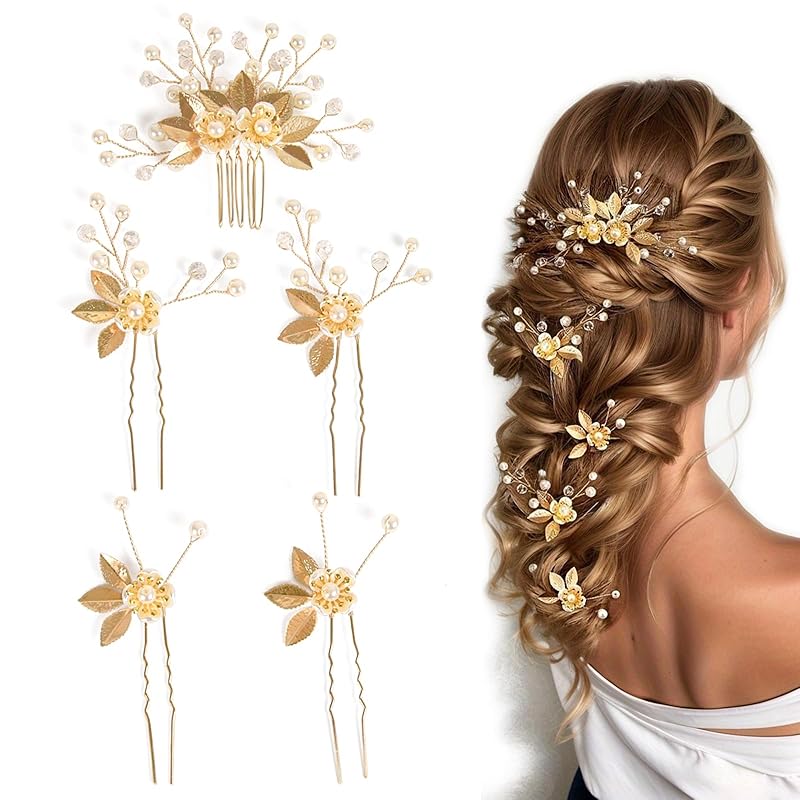 Wedding Hair Pins Set of 5 Pcs - Elegant Leaf Floral Pearl Rhinestones Hair Accessories for Bridal Women (Gold)
