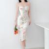 Womens European Style Sexy Backless Printed Bodycon Strappy Midi Dress
