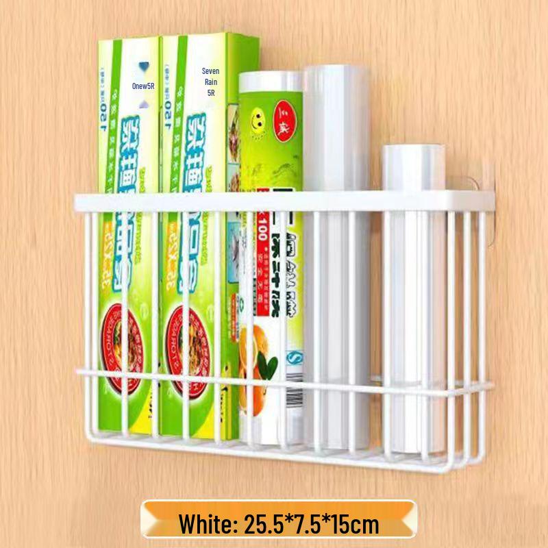 Punch-Free Wall-Mounted Kitchen Storage Rack: Multi-Functional Plastic Wrap Holder & Refrigerator Shelf