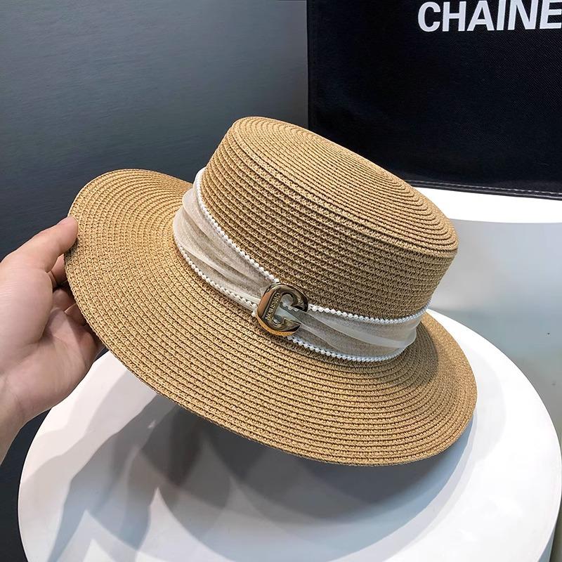 Flat top straw hat women's summer outing seaside sunshade sunscreen sun hat new straw temperament top hat