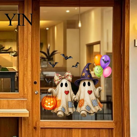 Adhesive Free Decal Vintage Patch Ghost Static Window Clings, Halloween Thanksgiving Pumpkin Bow Maple Leaf Retro Fabric Glass Stickers, Reusable