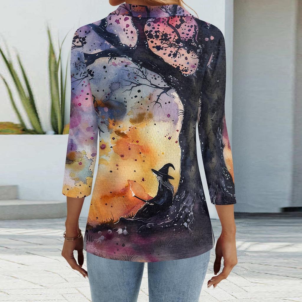 Damska Moda Casual Klapa Krótki Rękaw 3/4 Koszula z Nadrukiem Halloween Damskie Bluzki Zapinane na Guziki