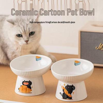 Elevated Cat and Dog Bowl - Protects Cervical Spine, Wide-Mouth Design, Anti-Black Chin, Anti-Tip, Striped Pattern.