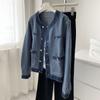 Jachete din Denim cu Gât Rotund și Nasturi Unul Peste Altul pentru Femei Primăvară Albastru Alb Tweed Denim Paltoane Design cu Nasturi Îmbrăcăminte Exterioară Casual