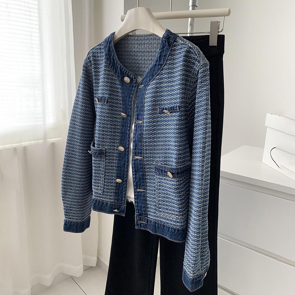 Jachete din Denim cu Gât Rotund și Nasturi Unul Peste Altul pentru Femei Primăvară Albastru Alb Tweed Denim Paltoane Design cu Nasturi Îmbrăcăminte Exterioară Casual