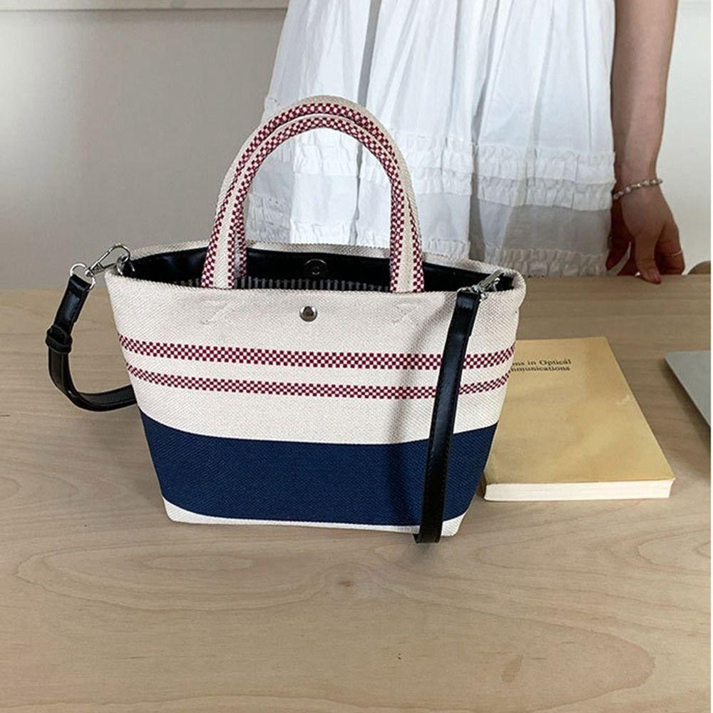 Blue White Striped Stripe Canvas Bag Large Capacity Lunch Bag Portable Weave Handbag  Outdoor