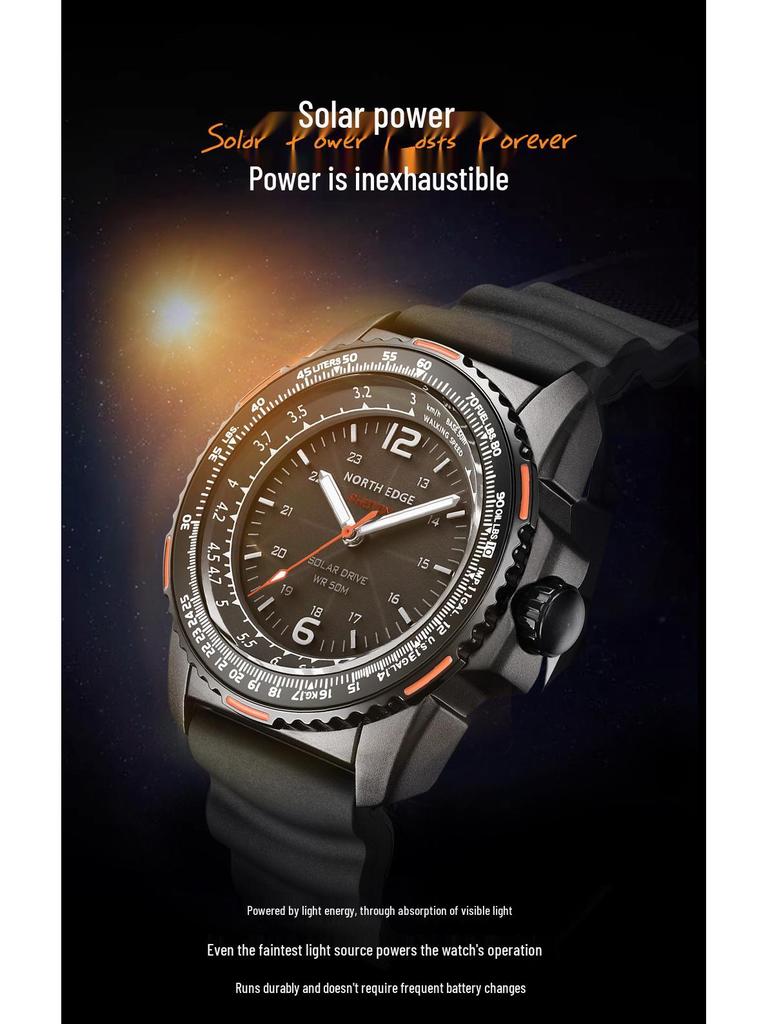 Men's Solar-Powered Waterproof Sports Watch with Luminous Hands and Long Battery Life