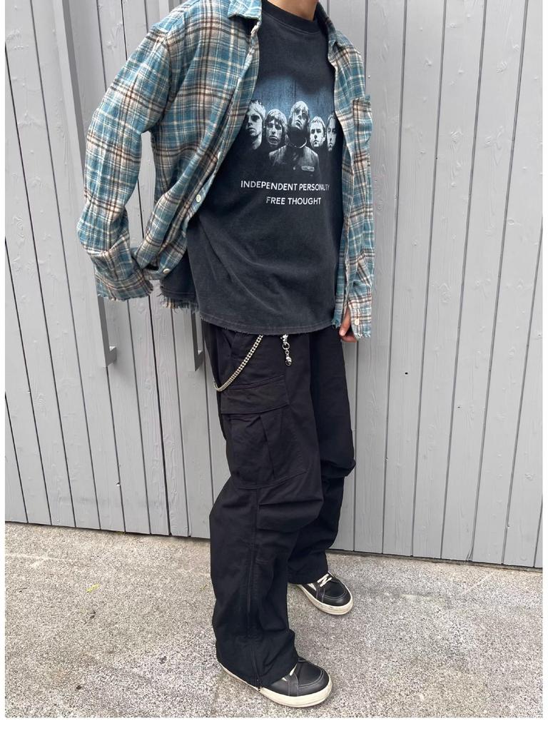 American Retro Tassel Distressed Plaid Shirt - Trendy Raw Edge Design Unisex Jacket for Spring and Autumn