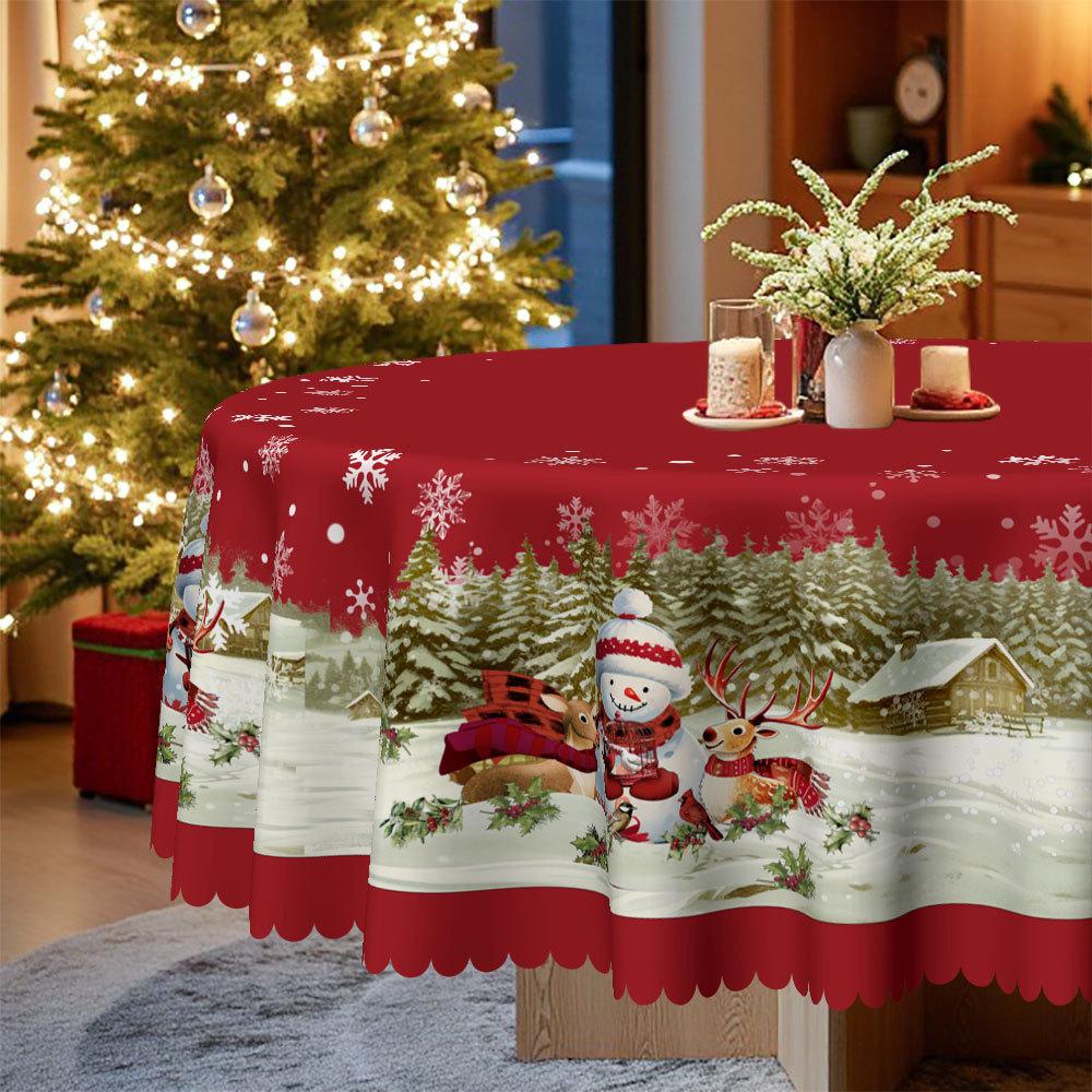 Christmas Tablecloth Snowman Elk Cartoon Print Red Waterproof Dining Table Cloth Dining Table Round Rectangular Decorative Cloth