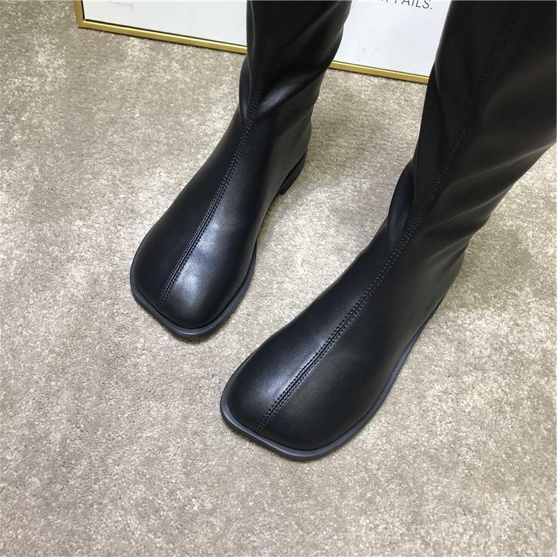 South Korea Dongdaemun autumn and winter new square head retro flat bottom elastic high boots British style female tide
