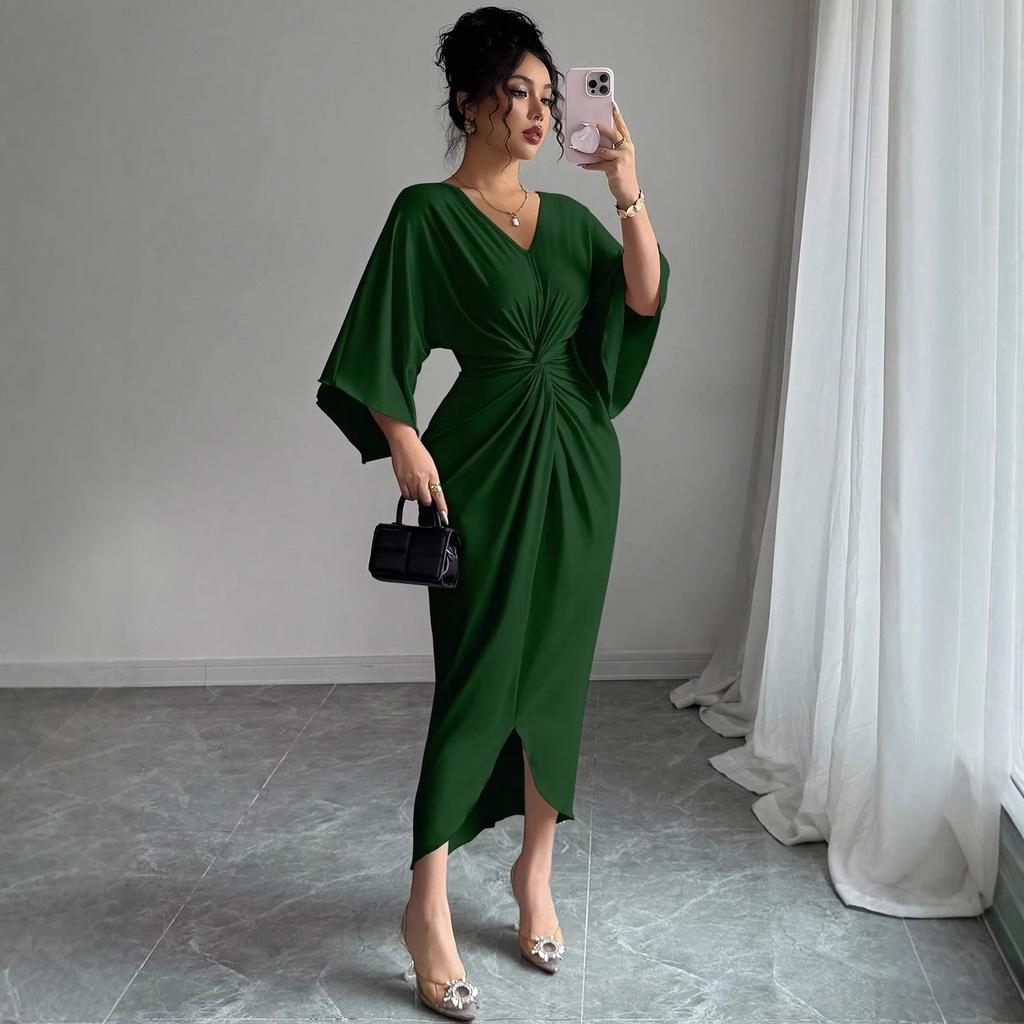 Summer New Style Pure Erotic and Laid-back Lace-up Knot-cut Waist Cinched Figure-hugging Sexy V-neck Dress