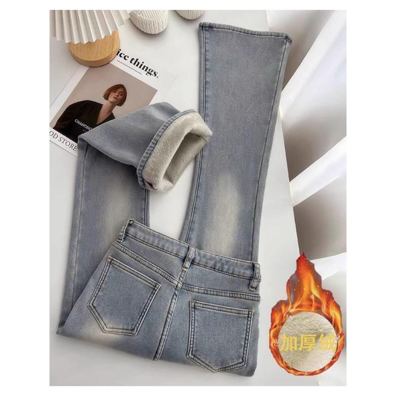 Fleece Thickened Retro Blue Straight Jeans for Women's Autumn and Winter, New Loose Wide-leg Slim Horseshoe Pants