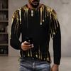 Men Plus Size Round Neck Long Sleeve Black Gold Geometric Printed T Shirt