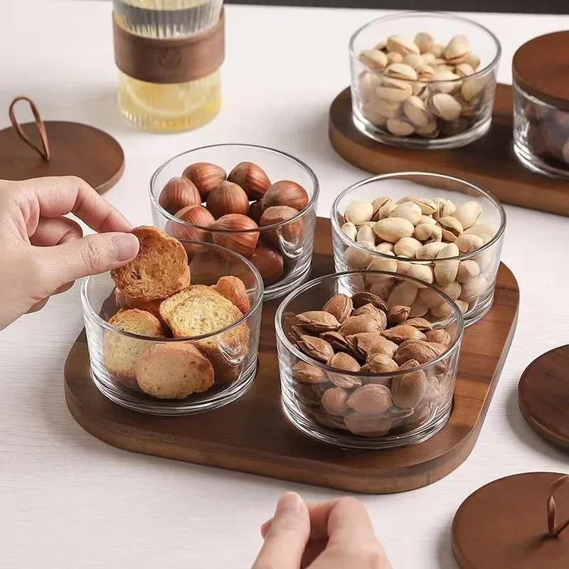 Glass Storage Bottle Divided Dried Fruit Tray with Wooden Lid Dried Fruit Snack Storage Bottle Wooden Tray Household Snack Tray