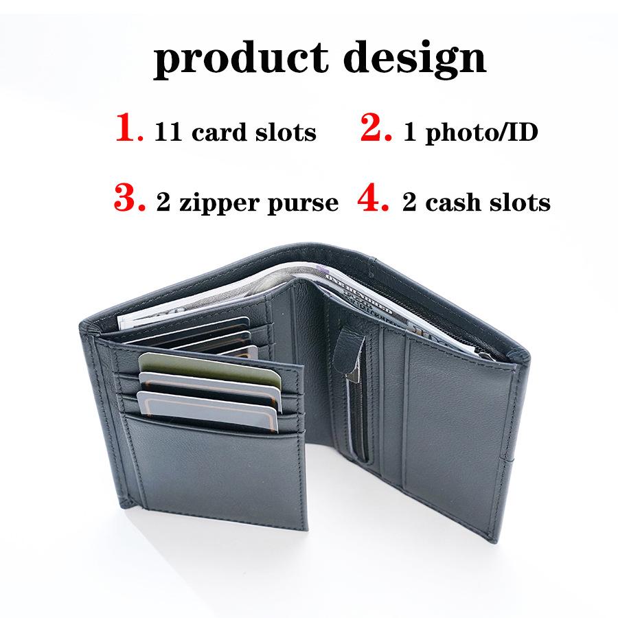 Men's RFID Genuine Leather 3-Fold Wallet with Zipper Coin Purse and Card Holder.