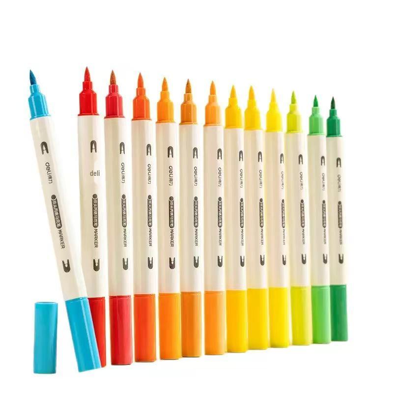 Deli HM129 Dual-Tip Acrylic Marker Pens for Kids & Students: Stackable, Opaque Colors, Ideal for Watercolor Art.