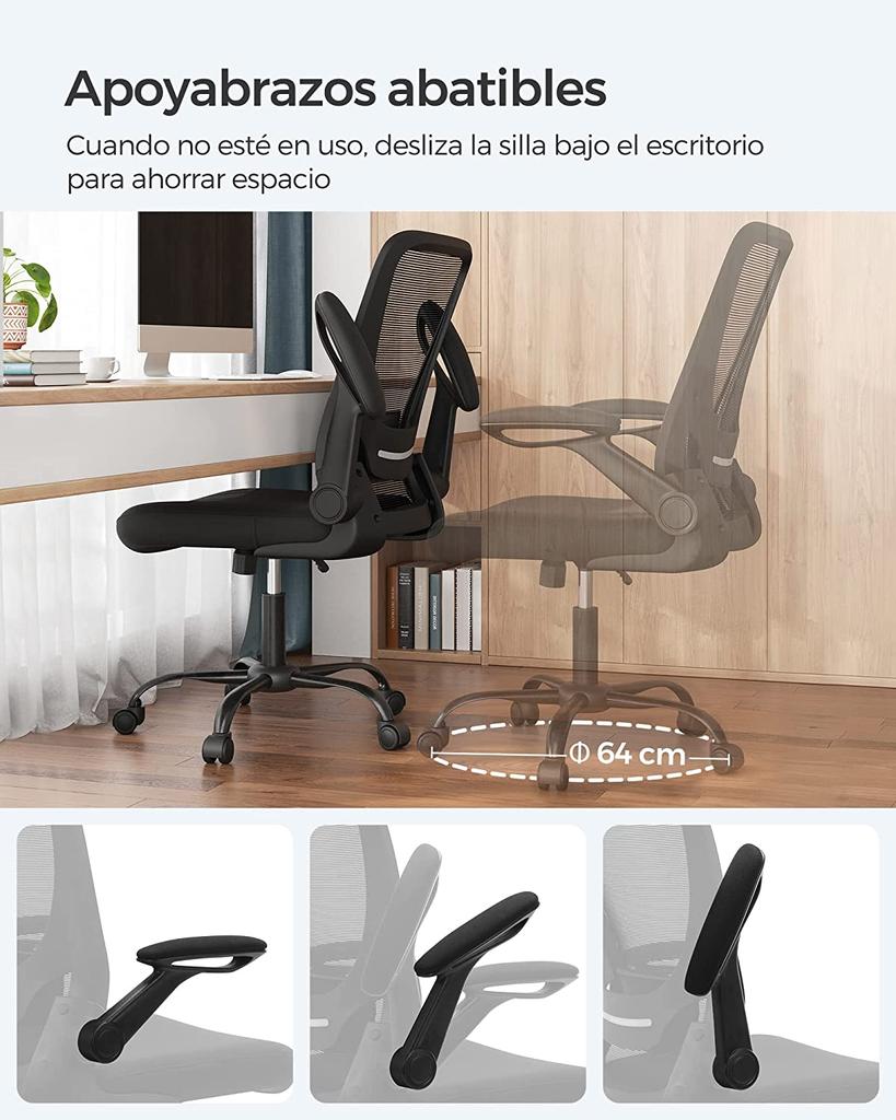 SONGMICS Office Chair, Desk Chair, Mesh Swivel Chair, Ergonomic Computer Chair, Lumbar Support, Oscillating, Seat 53 cm, Folding Armrests, Black