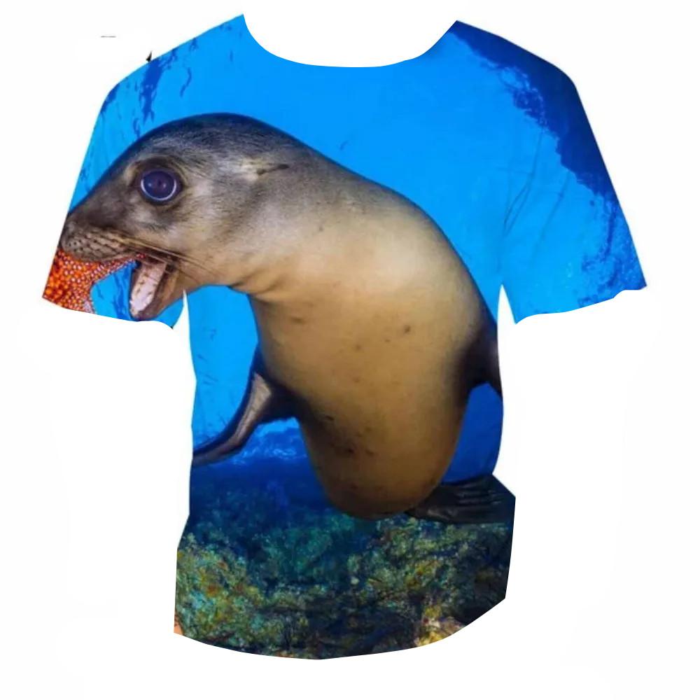 3D Seal Marine Animal Print Kids Crew Neck Short Sleeve Tee Loose Fit Outdoor Play Daily Leisure Outfit