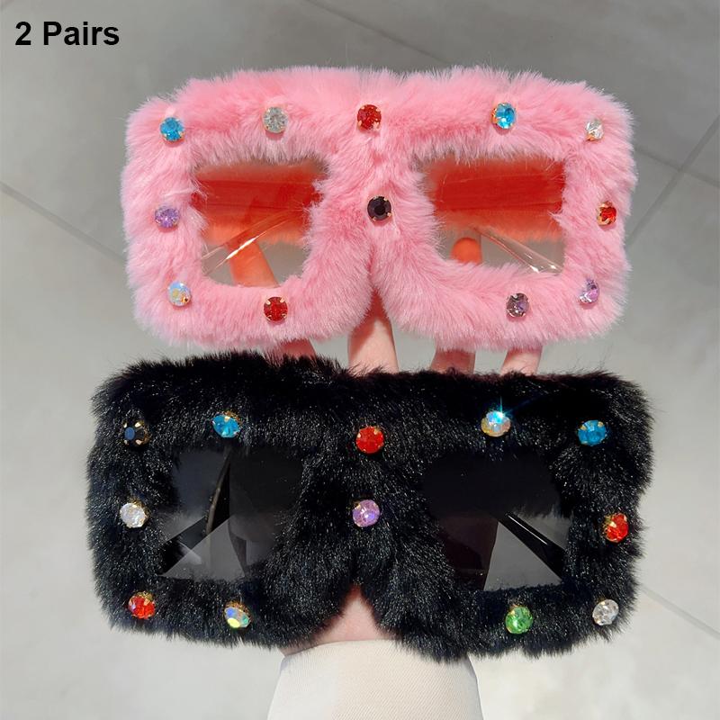 2 Pairs Square Furry Sunglasses with Rhinestones Women Fashion Oversized Winter Shades Trendy Chic Original Handmade Sun Glasses