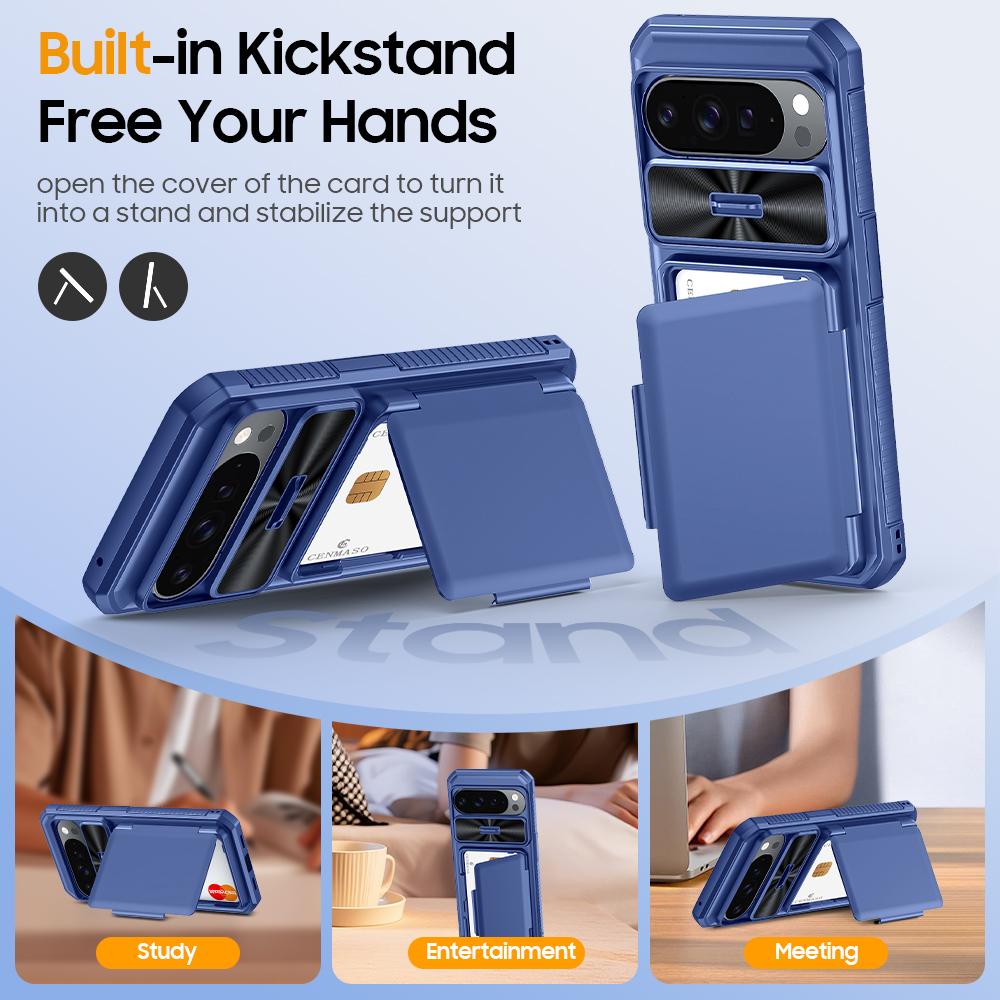 Mit Kartenhalter, Schiebbarer Kameraabdeckung und Ständer für Google Pixel 10 Pro XL Handyhülle, Anti-Fall PC+TPU Wallet Case - Blau