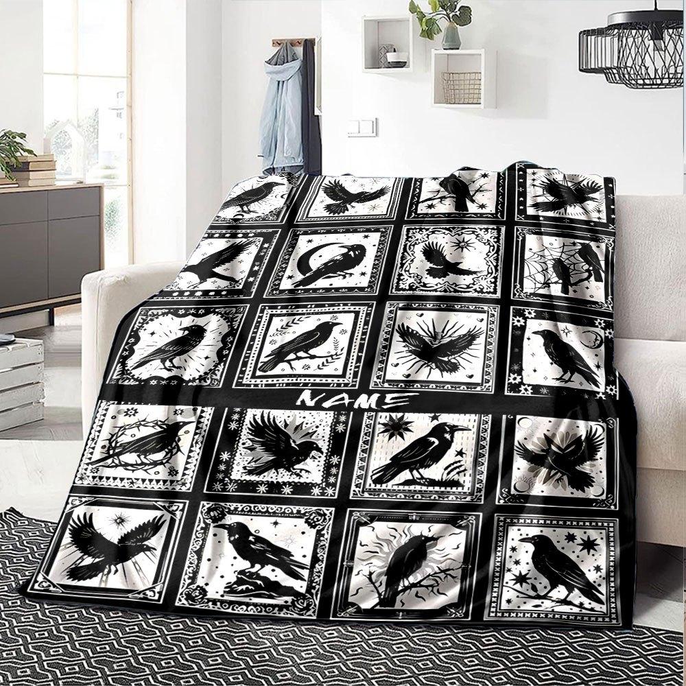 Black And White Raven Pattern Home Customize Your Name Blankets Soft And Cozy Lightweight For Yearround Use Perfect For Picnics Sofa Office Bed Living