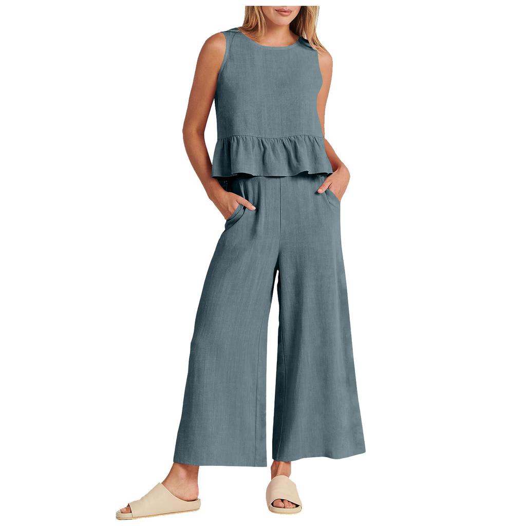Women's Summer 2-Piece Set Sleeveless Ruffle Tank Top Cropped Top And Wide-Leg Pants Loun-ge Set With Pockets