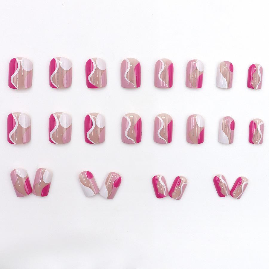 European & American Short Wave Nail Art: Pink, White, Rose Red with Irregular Curves - Versatile Wearable Tips