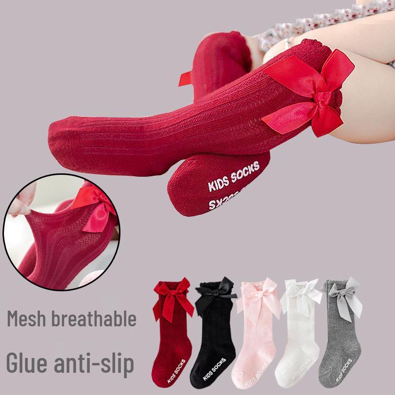 Chaussettes hautes en coton antidérapant pour nouveau-né avec nœud et rayures