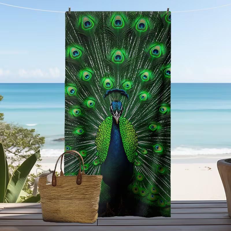 Textilien Realistic Peacock Feather Print Beach Towel Quick Dry Lightweight Absorbent Luxury Animal Print Design Towel For Summer Vacation