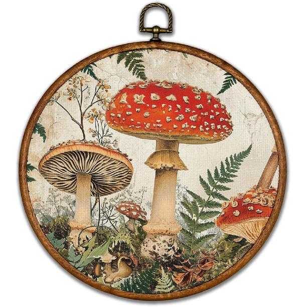 BCUANGD Vintage Mushroom Round Wall Art Decor - Retro Boho Botanical Wall Art Canvas Frame Artwork Prints, Neutral Cottagecore Round Wall Hanging