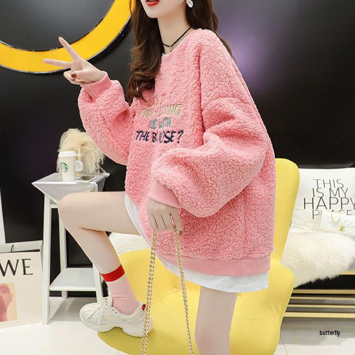 Women's Fleece-Lined Lamb Wool Sweatshirt, Trendy Winter Korean Style, Loose Fit, Plus Size, Faux Two-Piece