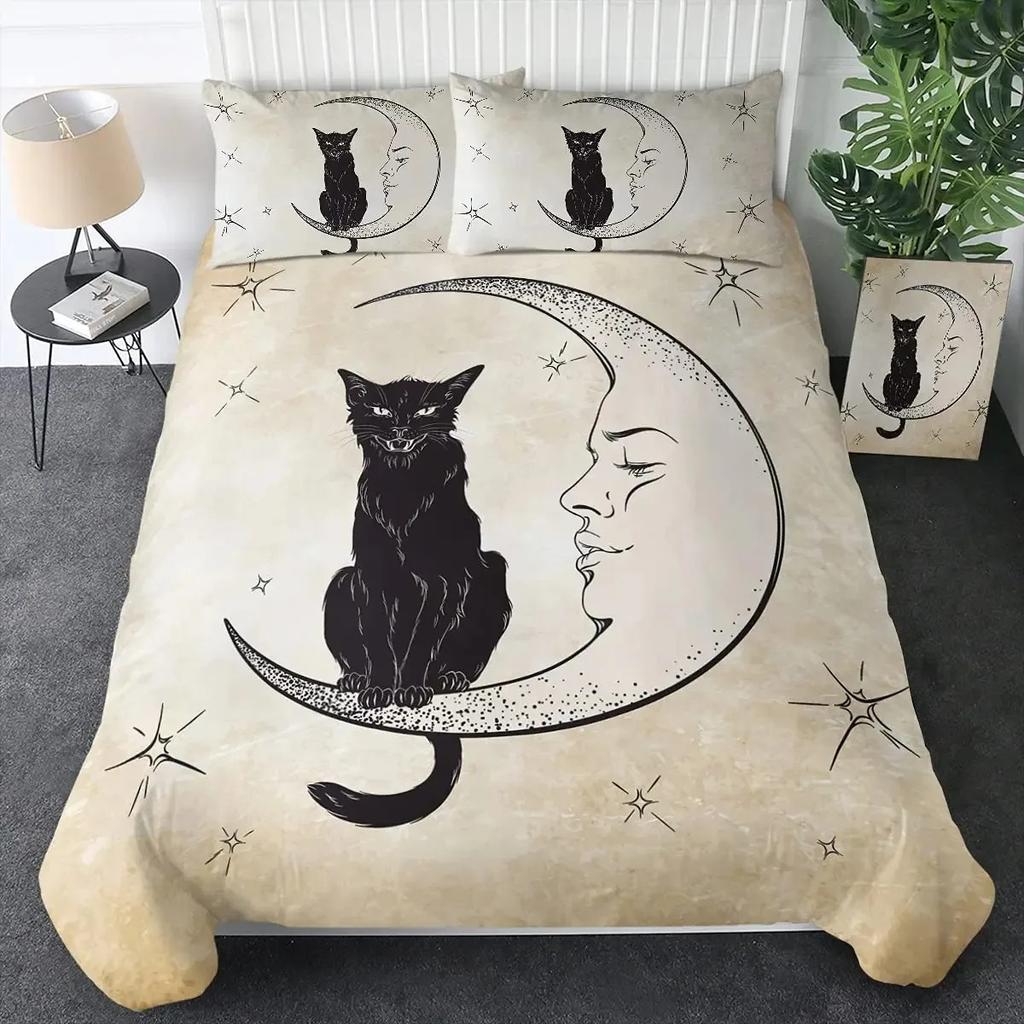 Witch Black Cat Duvet Cover Set Full Vintage Gothic Cat Sitting on Moon Bedding Set for Halloween Decor