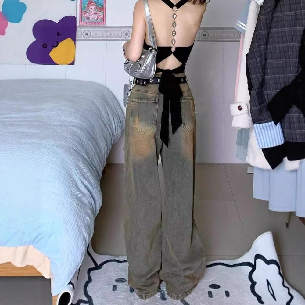 Washed Design Sense Niche Broken Hole Jeans Women Loose Large Yard Straight Straight Drag Floor Wide Leg Long Pants Jeans for Women Long Denim Pants