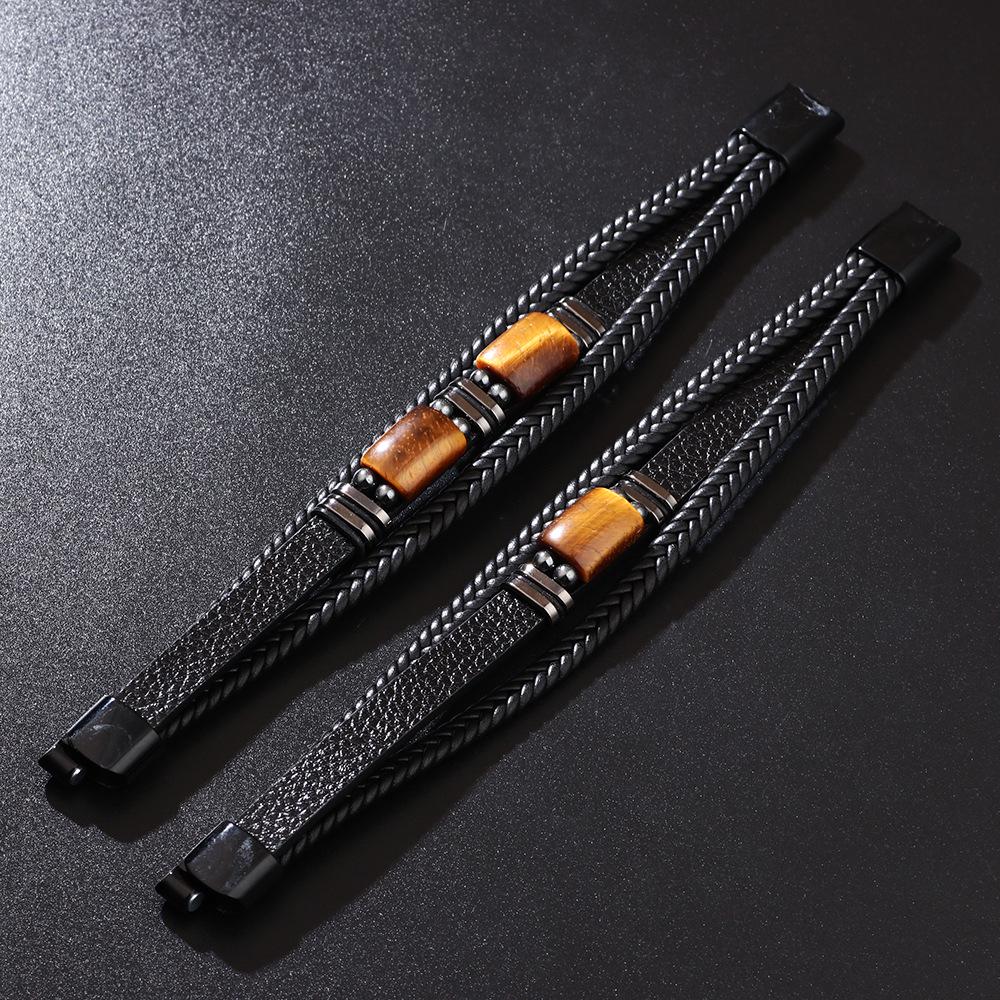 Men's Multilayer Leather & Tiger Eye Stone Beaded Bracelet with Magnetic Clasp