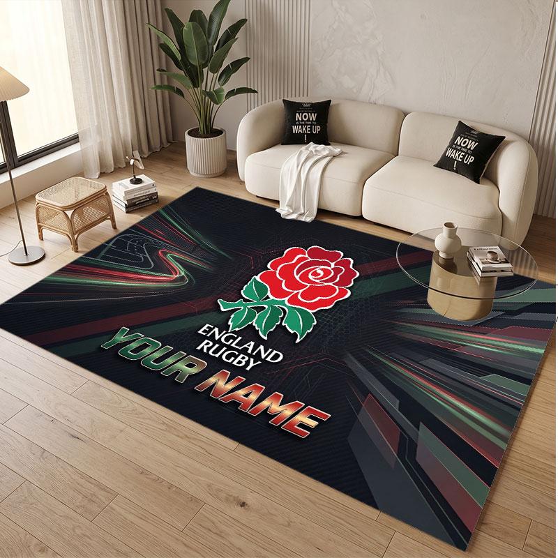 Custom Rug England Rugby Pattern Print Name Text Soft Non‑Slip Floor Carpet for Home Indoor Decoration