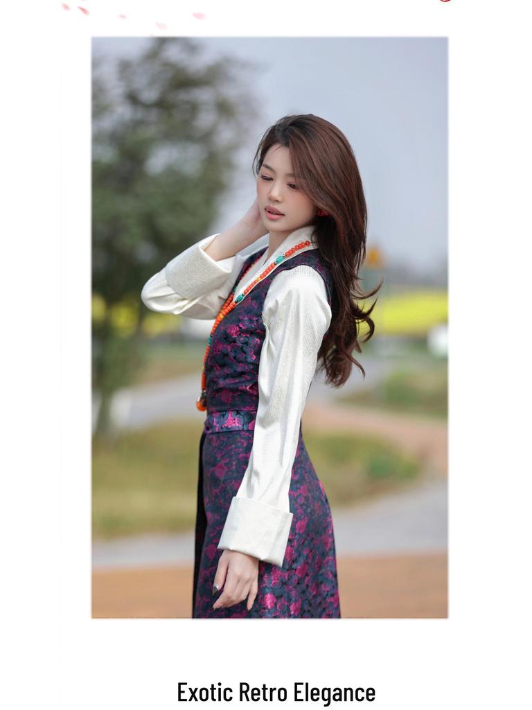Deep Blue Patchwork Chinese-Style Slim Fit Dress for Women, Spring/Summer 2026, Tibetan Green Design.