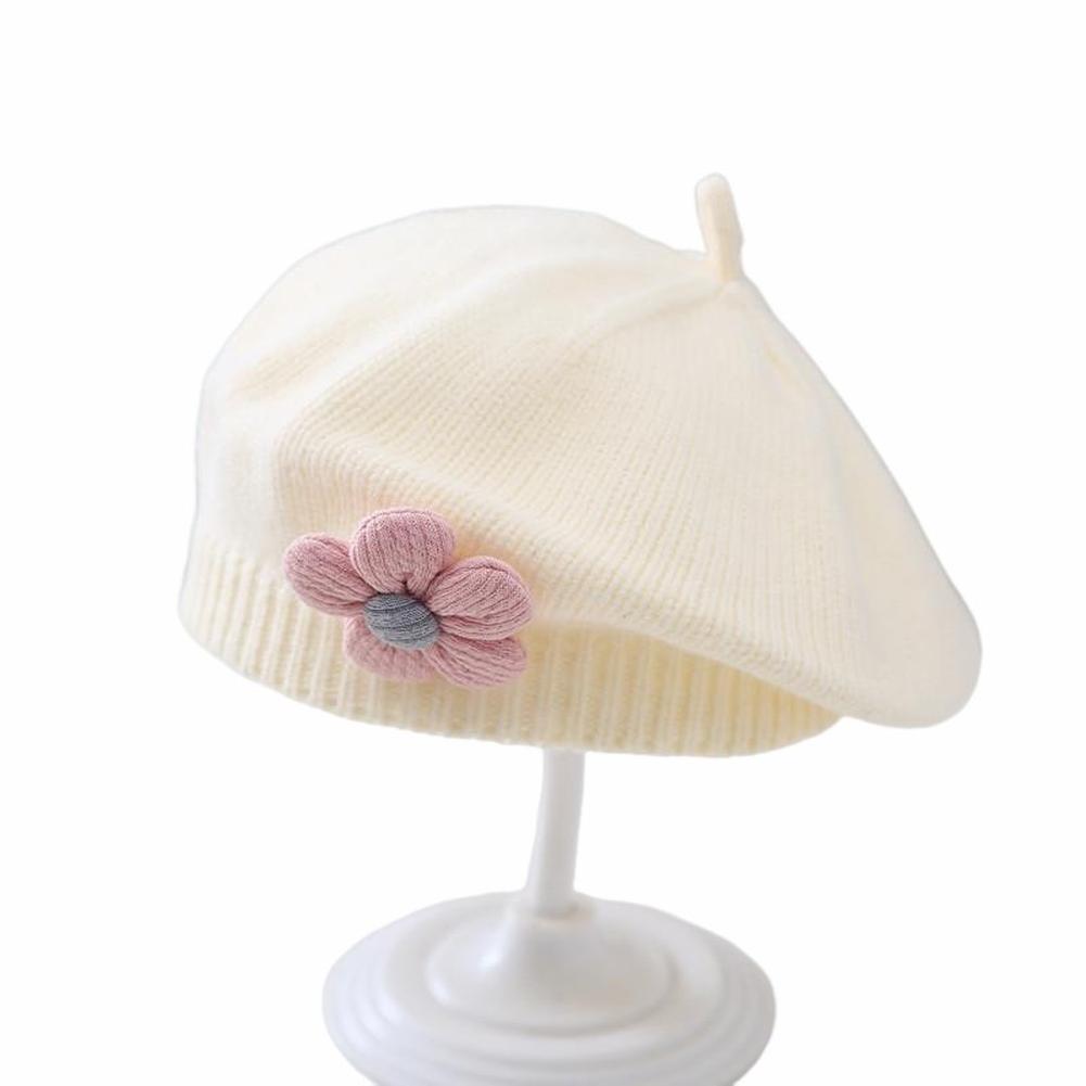 Beret Hat For Baby Girl, Solid Color Knitted Beanie Cap, Cute Flower French Artist Beret Hat, Winter Warm Beanie Cap