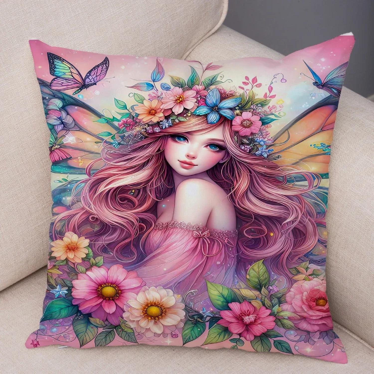 

Cute Cartoon Forest Girl Elf Cushion Double Print Pillowcase Decor for Sofa Home Super Soft Plush Pillow Case ,(6) 66x66cm