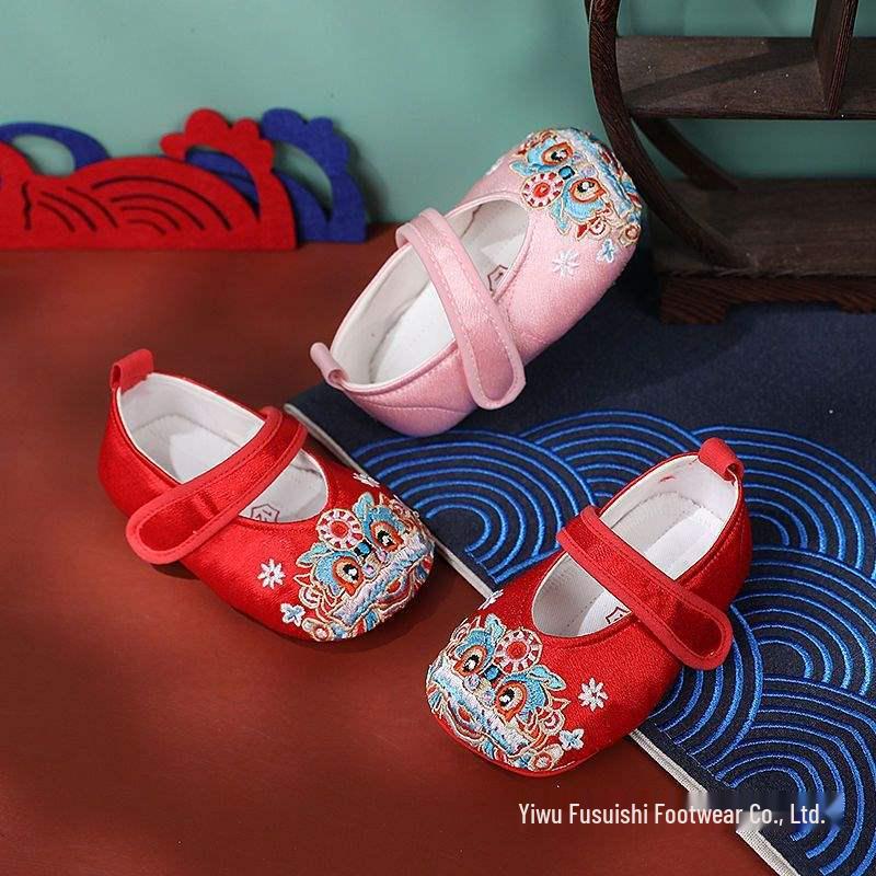 Soft Sole Baby Girl Hanfu Shoes - Red Tiger Head Ethnic Style for Toddlers