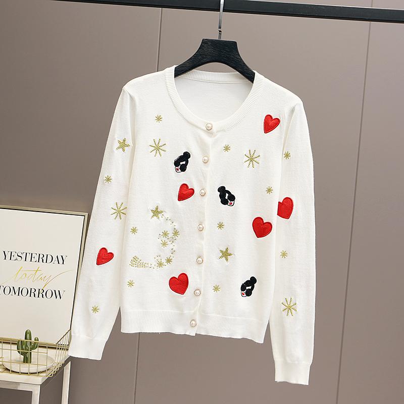 Autumn Women Designer Embroidery Heart Single Breasted Knitted Sweater Coat Jacket