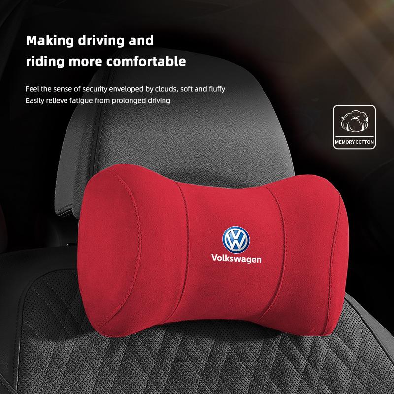 Suede Headrest Car Breathable Memory Foam Neck Pillow For VW Jetta Golf Passat Polo CC Tiguan Arteon Touareg Taigo Caddy Hub Cap EF1
