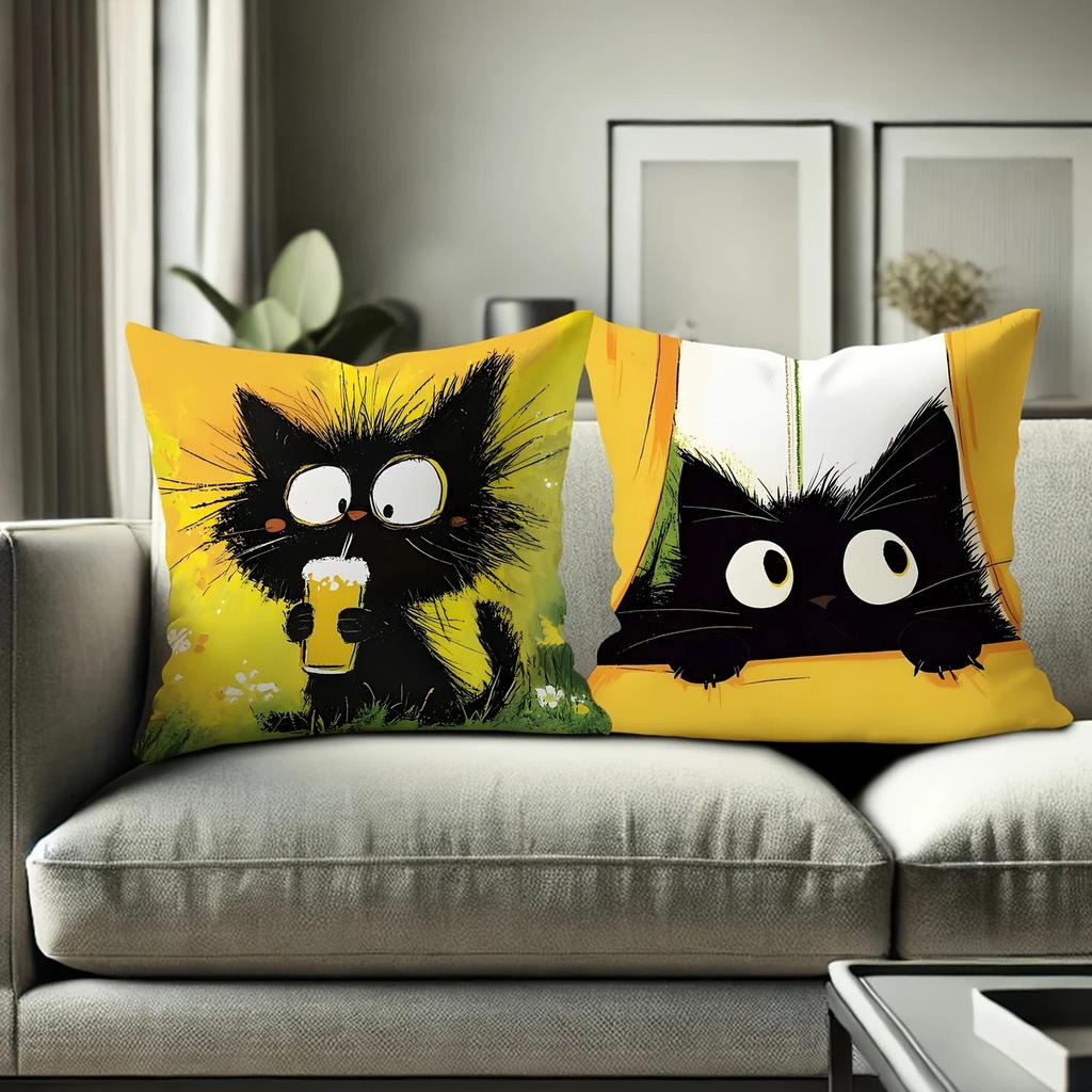 Set Of 4 Contemporary Black Cat Plush Print Throw Pillow Covers, Machine Washable, Zippered, Inserts Not Included