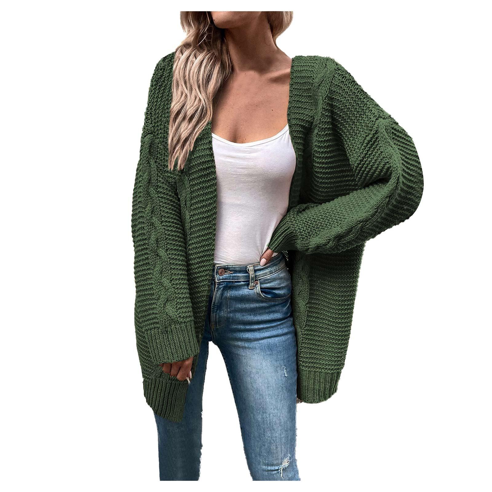 

Women s Fashion Temperament Casual Hemp Pattern Knit Cardigan Sweater Coat L зелений