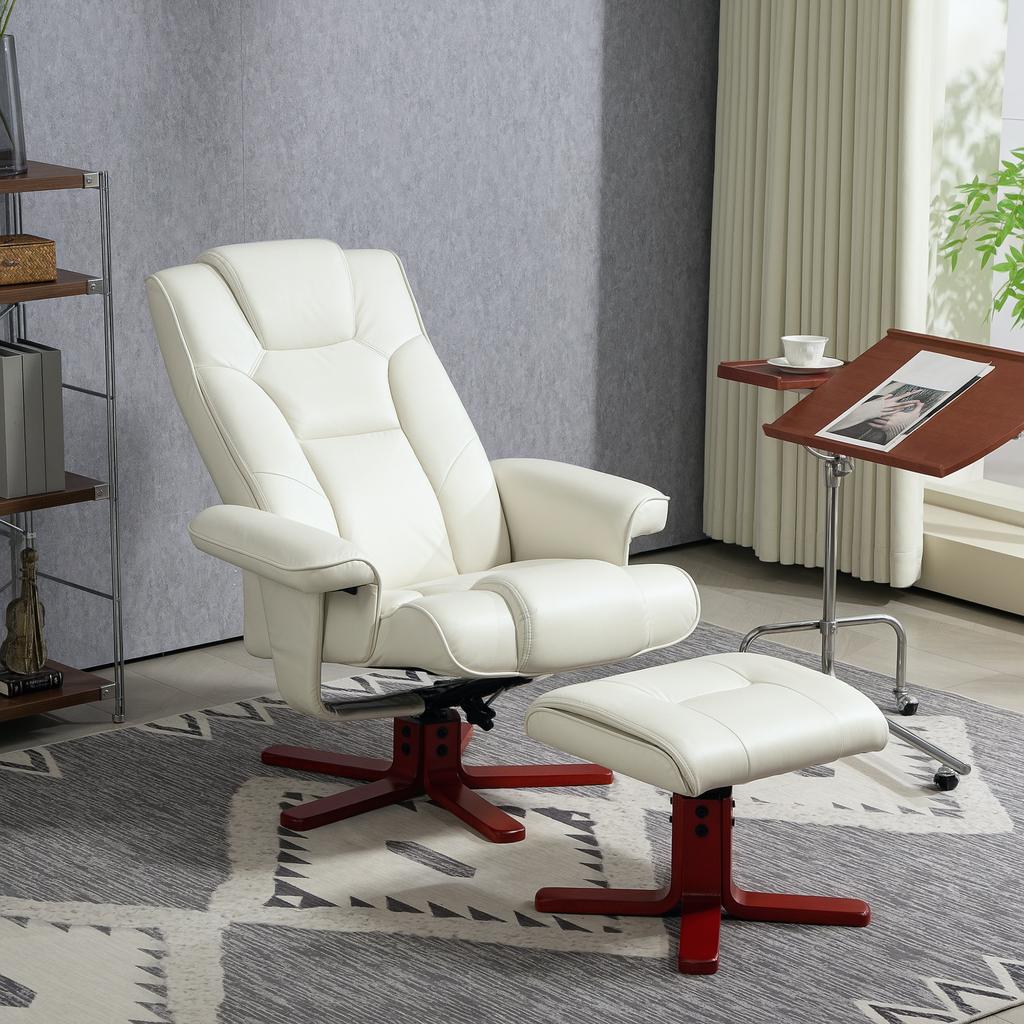 Faux Leather Manual Recliner and Footstool Set - Cream White