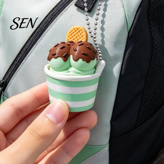 Portable Key Ring Charm 3D Printed Ice Cream Cup Fidget Clicker Keychain, Cute Dessert Stress Toy for Relief Click Toy, Mini Desk Decor Gift