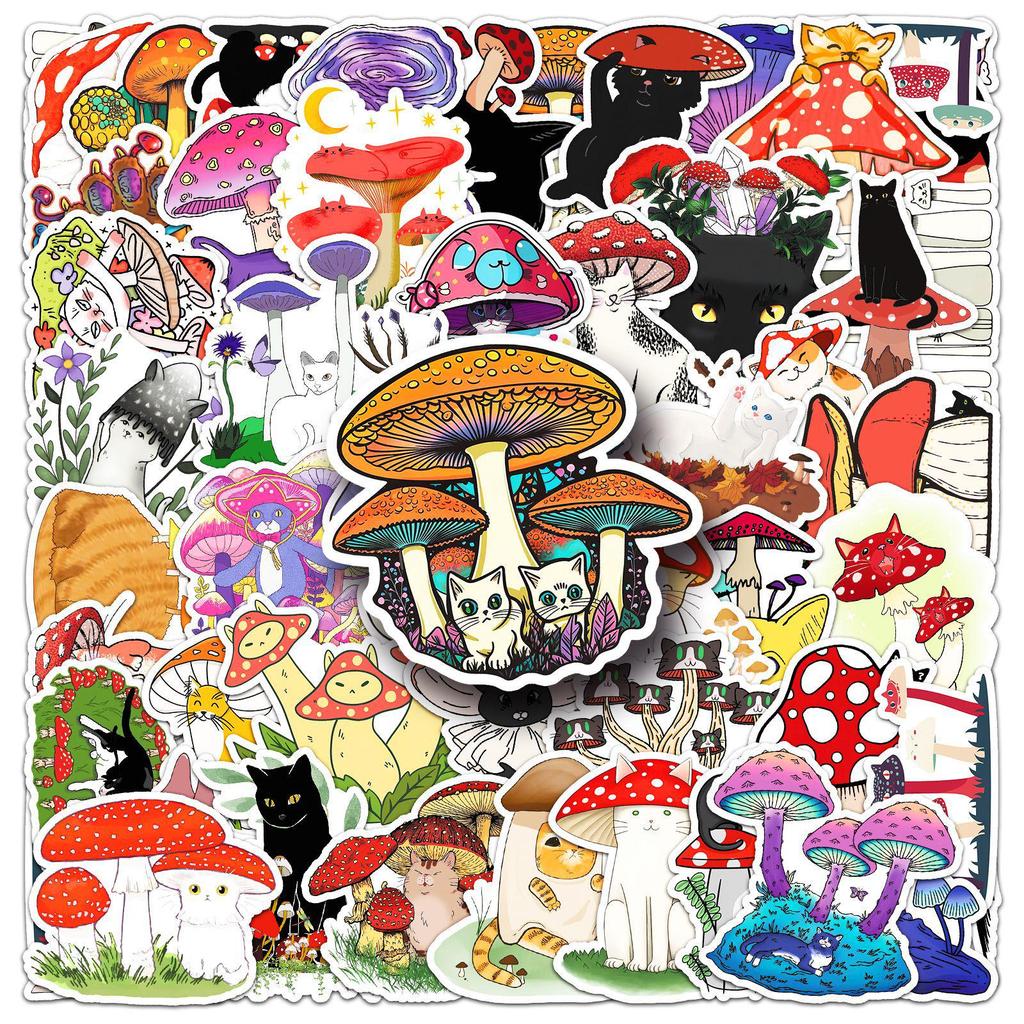 50 Cute Cartoon Cat & Mushroom Waterproof Stickers for Laptops, Thermos Cups, and Notebooks