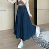 Chic Pleated Jeans Skirts Spring Autumn High Waist Long Washing Ladies Straight Women  Loose Denim Midi Skirts