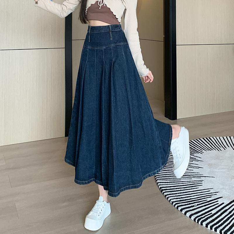 Chic Pleated Jeans Skirts Spring Autumn High Waist Long Washing Ladies Straight Women Loose Denim Midi Skirts