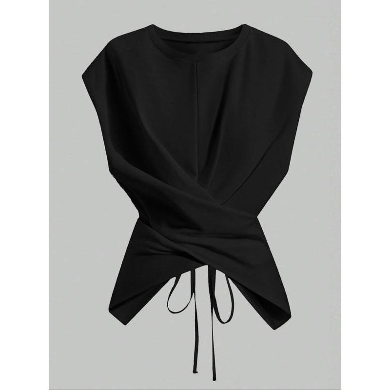 women s Crew Neck Sleeveless Wrap Cross Tie Waist Asymmetrical Hem Slim Fit Crop Blouse Top S чёрный