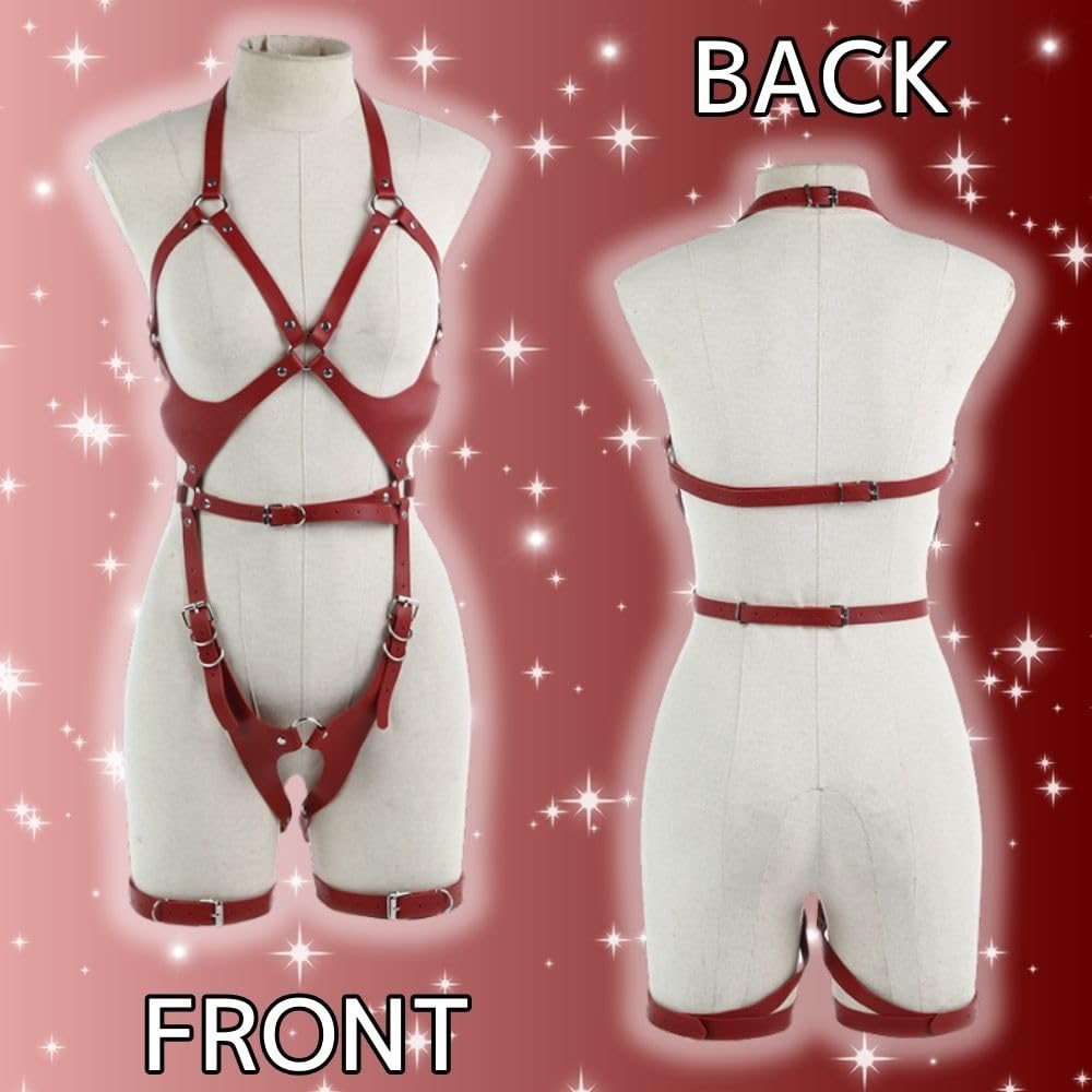 Bondage SM Goods Cosplay Faux Leather Body Harness Leg Ring 2 Piece Set Queen Wine Red PU One Size Fits Most [MONEON] Women's